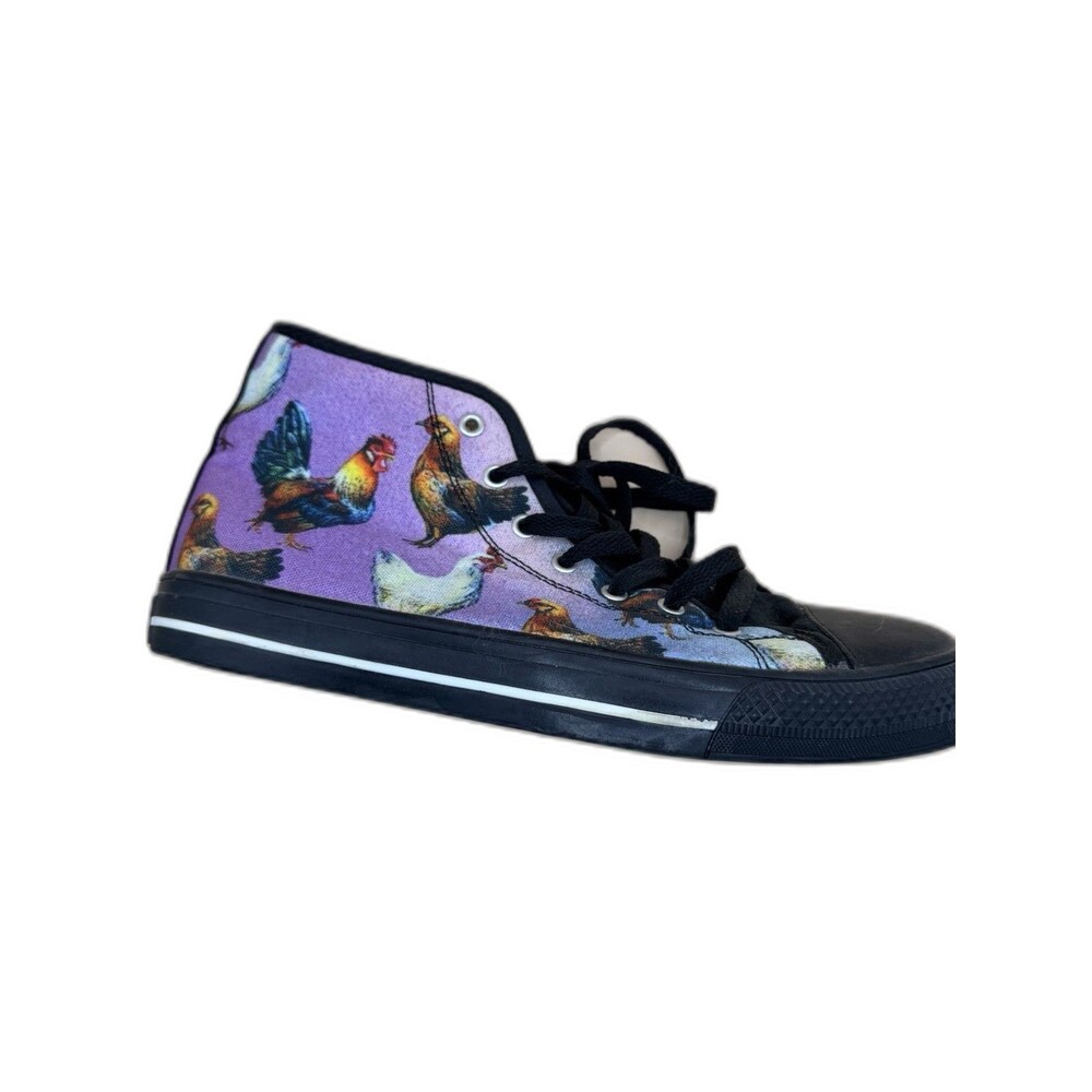 Unisex Rooster Chicken Print High Top Sneakers Size 9 Black Purple Canvas Shoes